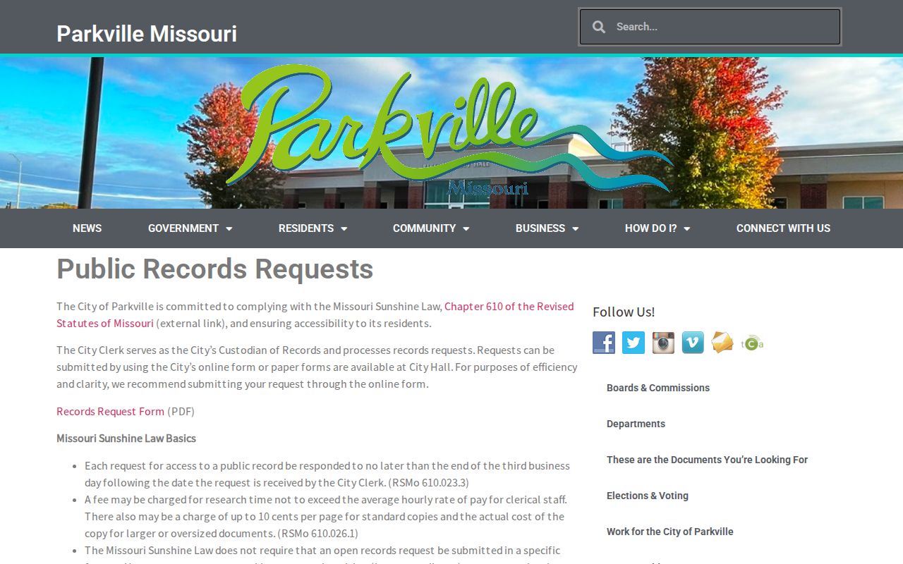 Parkville criminal history public records request routes