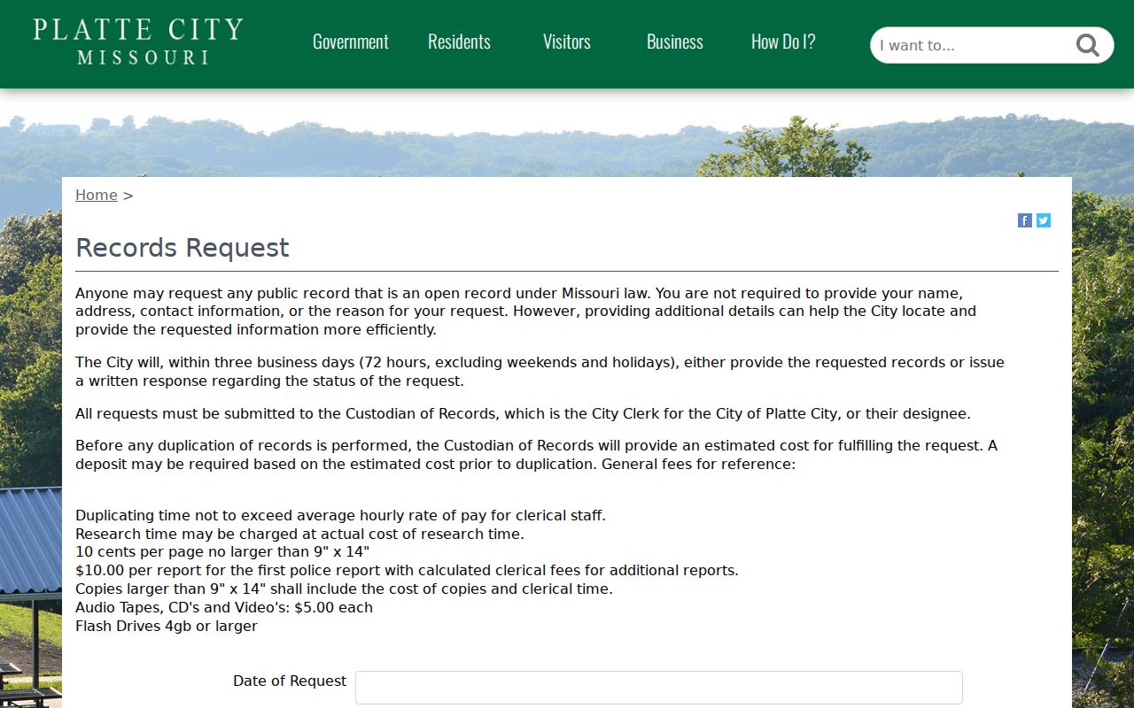 Platte City criminal history electronic records request form