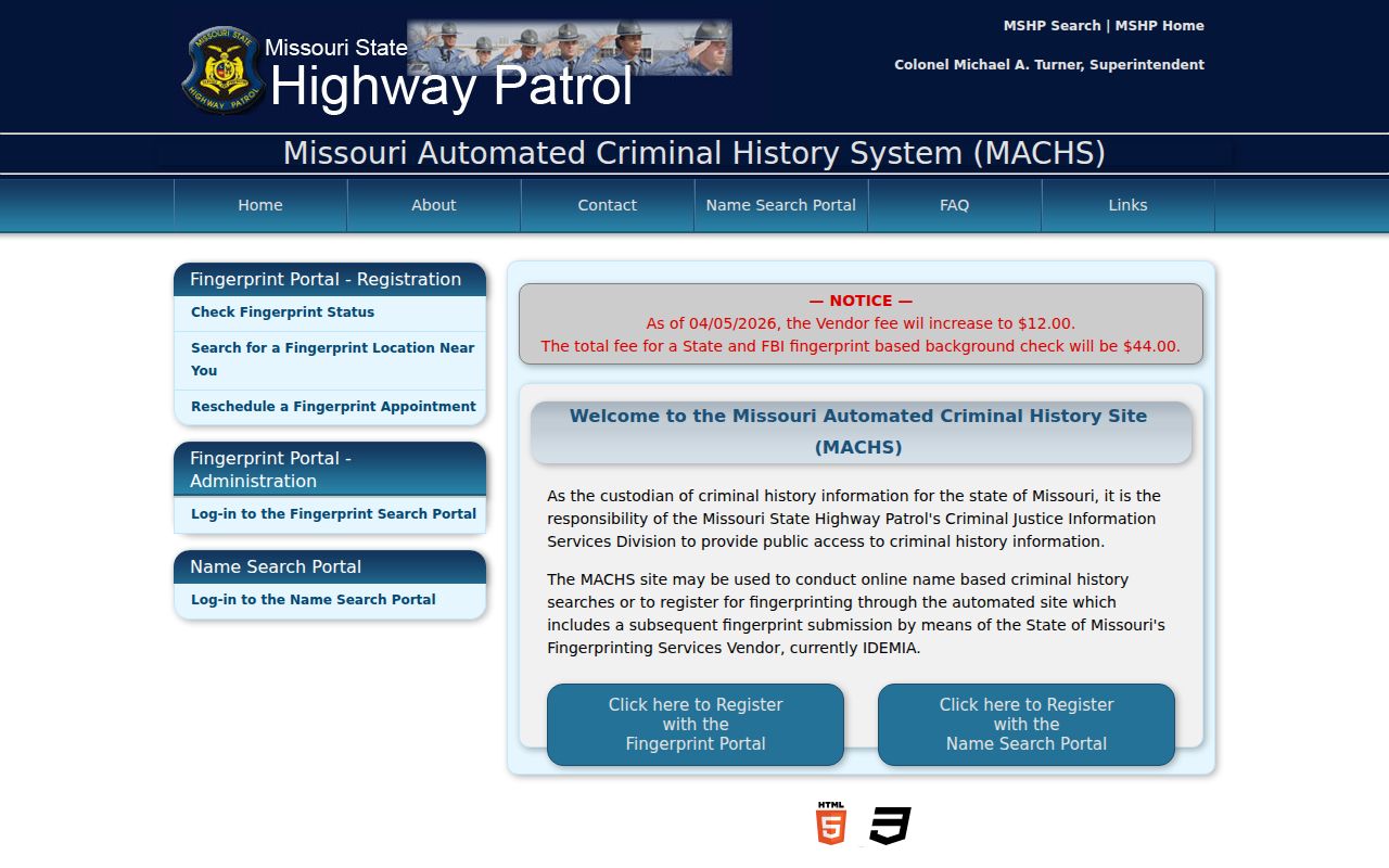 MACHS fingerprint portal for Platte County criminal history checks